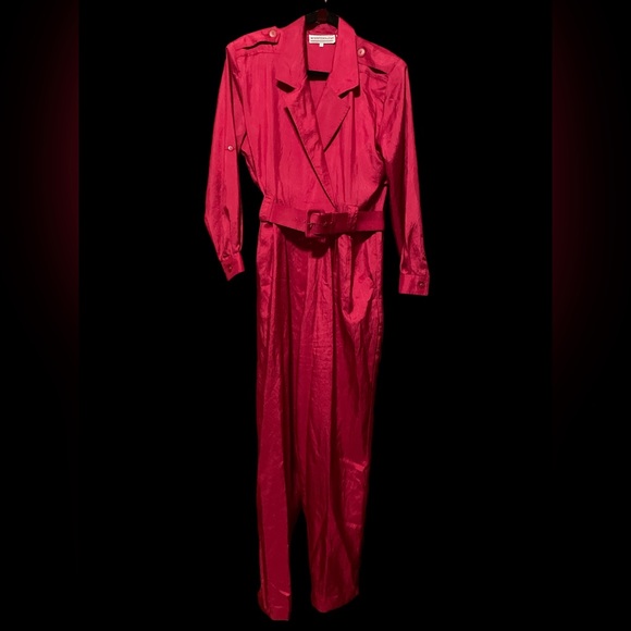 1980s Cattani Plunge Frint and Back Red Jersey Jumpsuit w Draped Legs